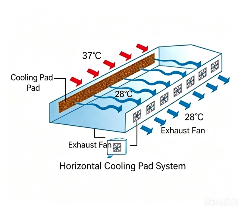 Horizental Industrial Cooling Process Diagram of Exhaust Fan + Evaporative Cooling Pads