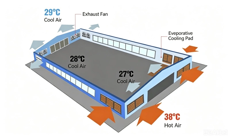 Industrial Cooling Process Diagram of Exhaust Fan + Evaporative Cooling Pads
