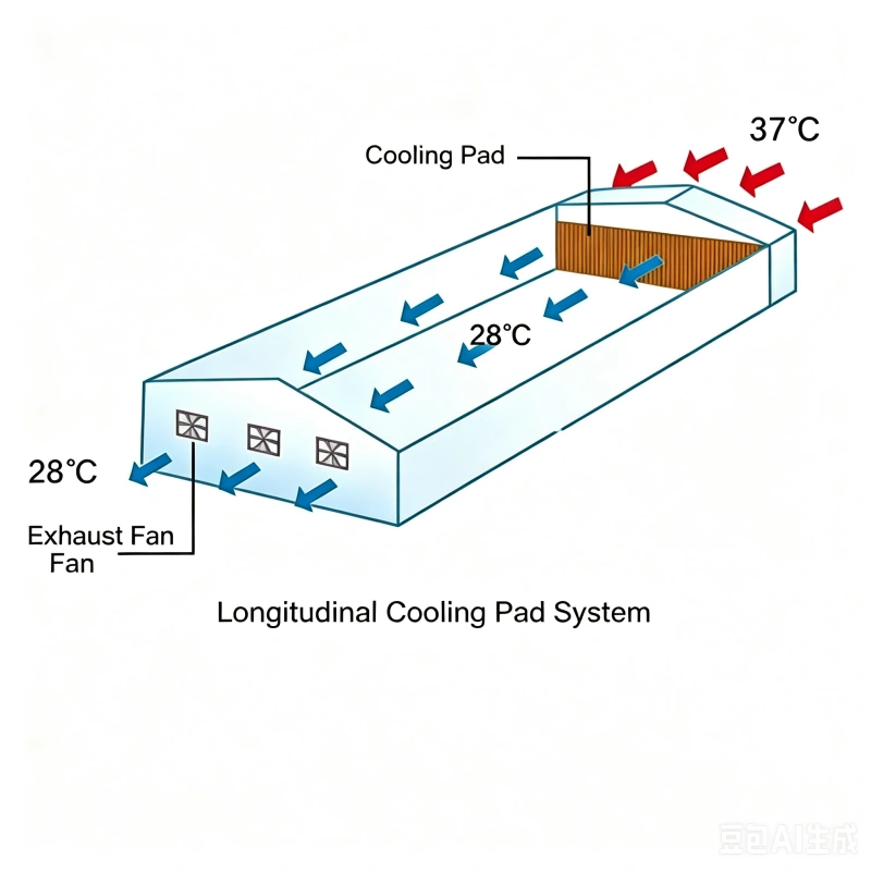 Longitudinal Industrial Cooling Process Diagram of Exhaust Fan + Evaporative Cooling Pads