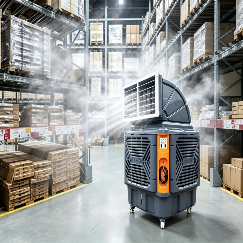 mobile air cooler is cooling the warehouse mobile air cooler is cooling the warehouse
