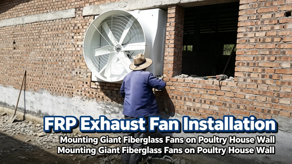 FRP Exhaust Fan Installation Mounting Giant Fiberglass Fans on Poultry House Wall FRP Exhaust Fan Installation Mounting Giant Fiberglass Fans on Poultry House Wall